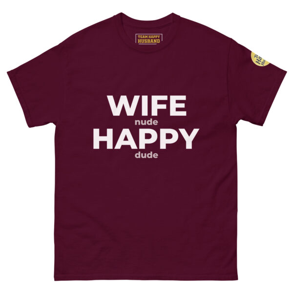 unisex-classic-tee-maroon-front-69c3f78d777cd.jpg Maroon | Funny Husband Shirt – “Wife Happy” Hidden Message Tee | Sarcastic Marriage Humor T-Shirt for Men