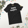 unisex-staple-t-shirt-black-heather-front-2-69c6a2f83393e.jpg Heather Black | Funny Husband Shirt – “Wife Happy” Hidden Message Tee | Sarcastic Marriage Humor T-Shirt for Men