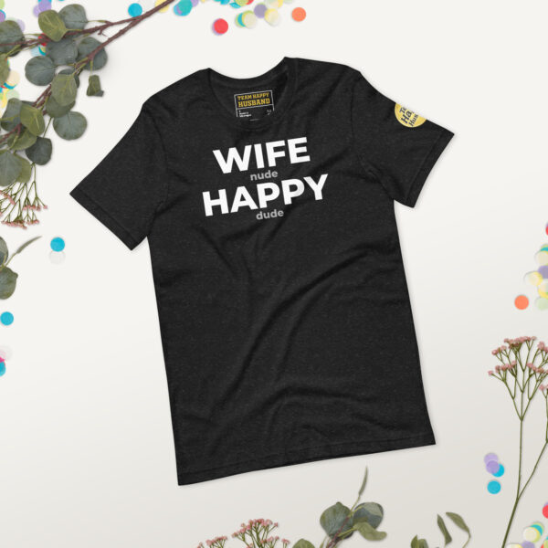 unisex-staple-t-shirt-black-heather-front-2-69c6a2f83393e.jpg Heather Black | Funny Husband Shirt – “Wife Happy” Hidden Message Tee | Sarcastic Marriage Humor T-Shirt for Men