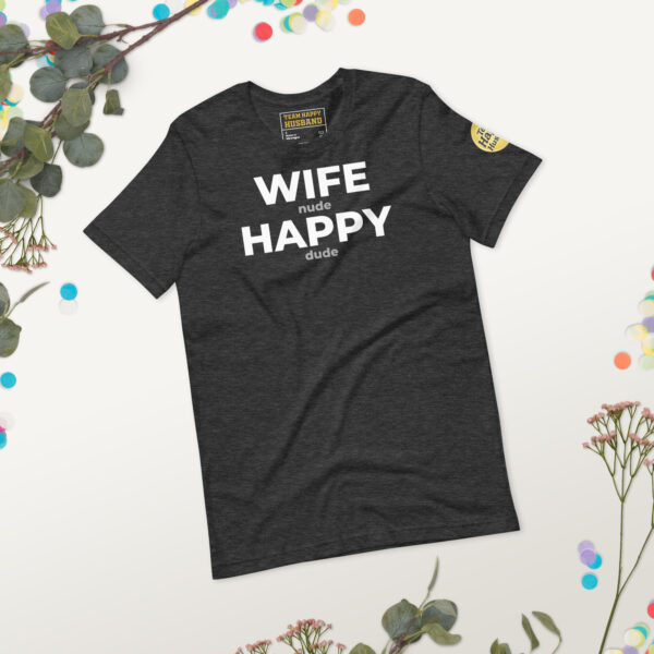 Heather Dark Gray | Funny Husband Shirt – “Wife Happy” Hidden Message Tee | Sarcastic Marriage Humor T-Shirt for Men