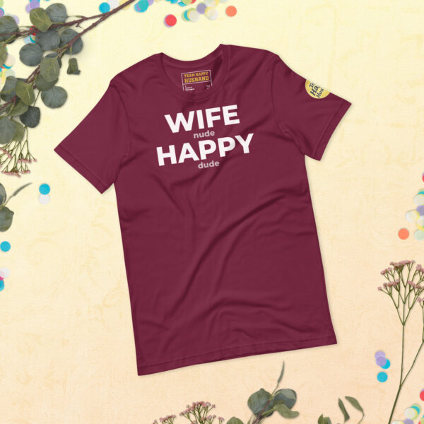 unisex-staple-t-shirt-maroon-front-69c6b51b14b65.jpg Maroon | Funny Husband Shirt – “Wife Happy” Hidden Message Tee | Sarcastic Marriage Humor T-Shirt for Men