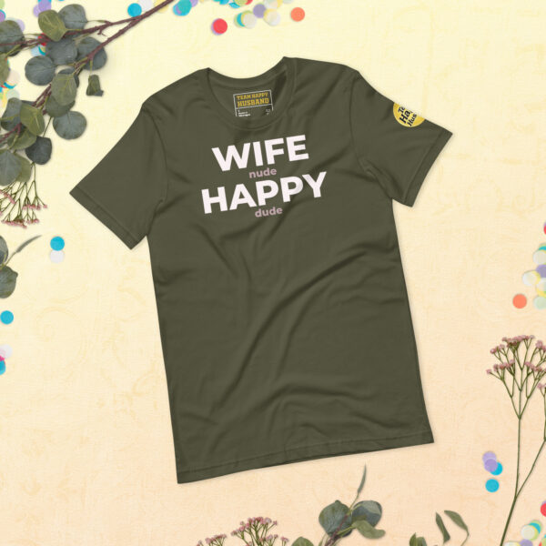 unisex-staple-t-shirt-military-green-front-69c6b51b1870d.jpg Maroon | Funny Husband Shirt – “Wife Happy” Hidden Message Tee | Sarcastic Marriage Humor T-Shirt for Men